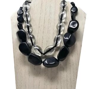 Lot of 2 Fashion Black & Clear Statement Necklaces Adjustable Length